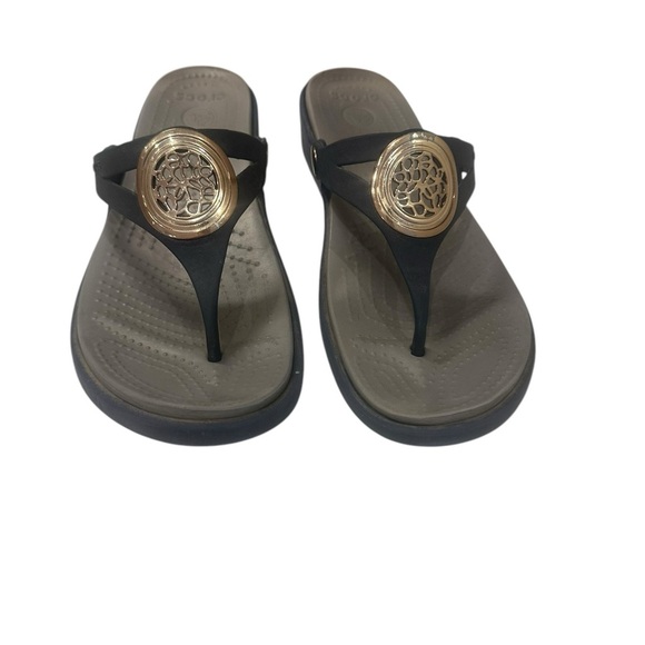 Crocs Sanrah Circle Wedge Flip Flops Sandals Women's size 10 NAVY GOLD - Picture 3 of 7